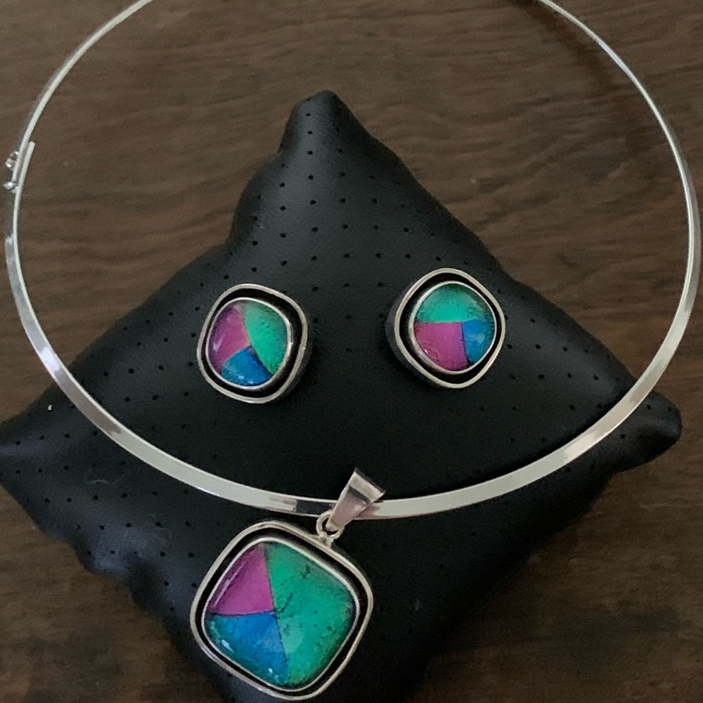 925 MEXICO STERLING S.CHOKER STONE PENDANT & EARRINGS